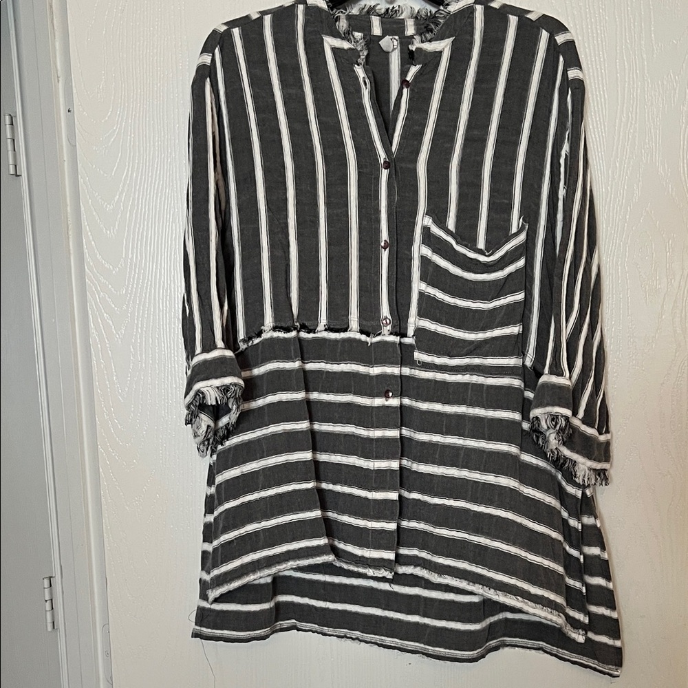 Free People Stylish Striped Frayed Details Button-up Top
